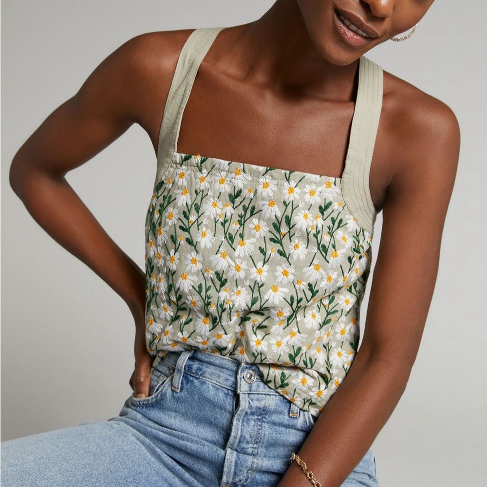 Maeve Floral Square-Neck Tank Top in Sage
